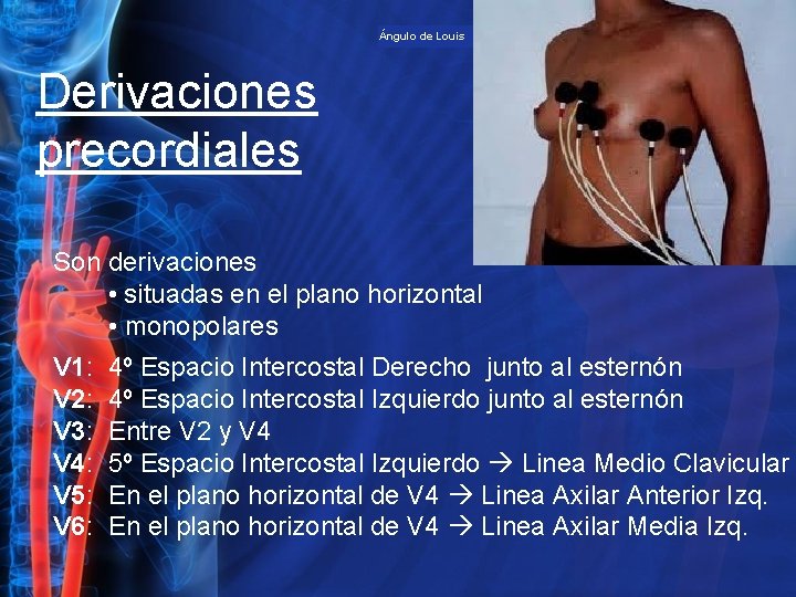 Ángulo de Louis Derivaciones precordiales Son derivaciones • situadas en el plano horizontal •