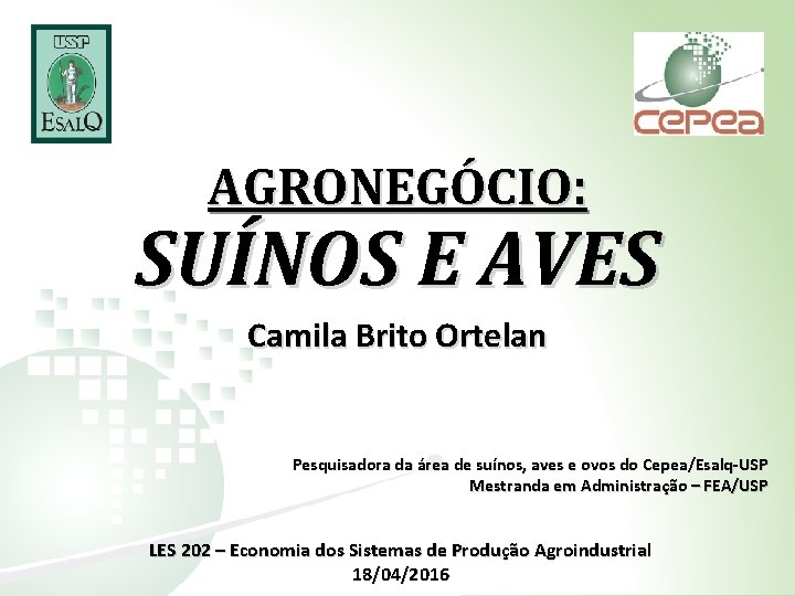 AGRONEGÓCIO: SUÍNOS E AVES Camila Brito Ortelan Pesquisadora da área de suínos, aves e