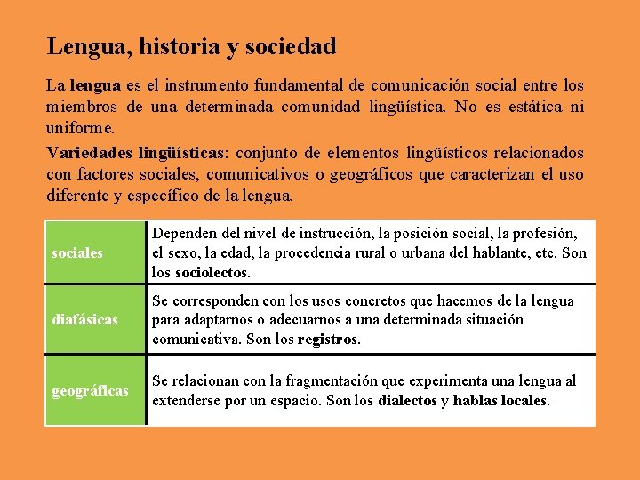 Lengua, historia y sociedad La lengua es el instrumento fundamental de comunicación social entre