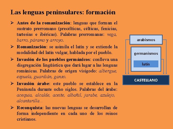 Las lenguas peninsulares: formación Ø Antes de la romanización: lenguas que forman el sustrato