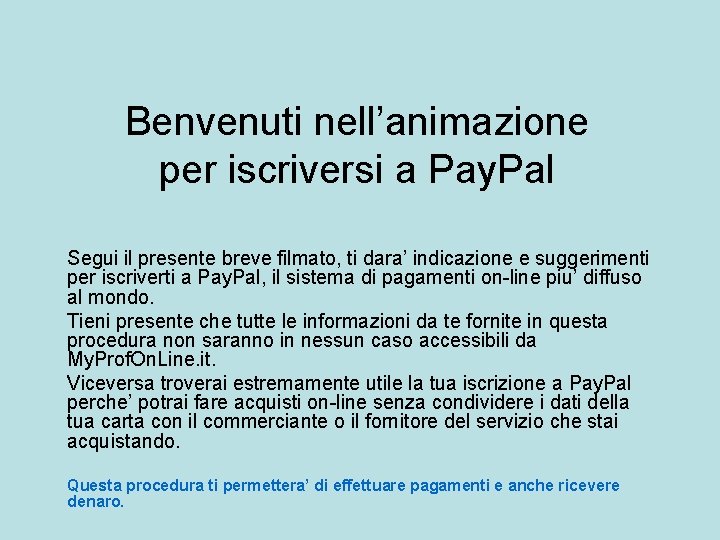 Benvenuti nell’animazione per iscriversi a Pay. Pal Segui il presente breve filmato, ti dara’