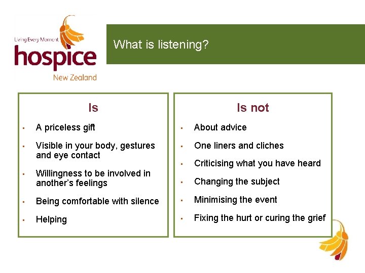 What is listening? Is Is not • A priceless gift • About advice •