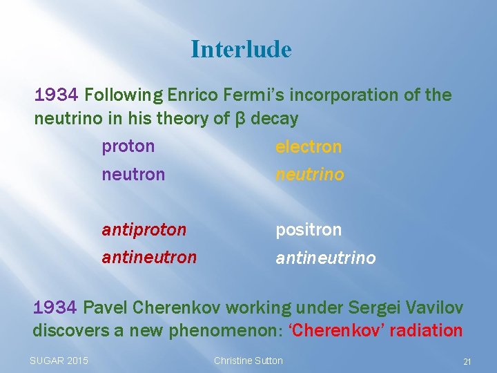 Interlude 1934 Following Enrico Fermi’s incorporation of the neutrino in his theory of β