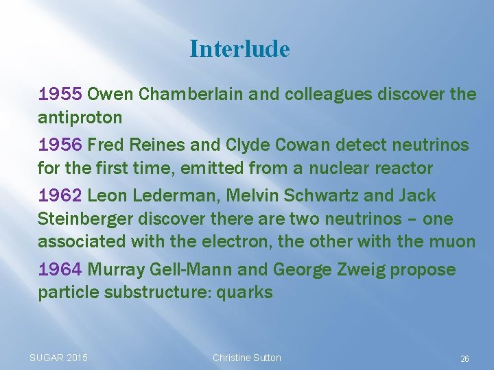 Interlude 1955 Owen Chamberlain and colleagues discover the antiproton 1956 Fred Reines and Clyde