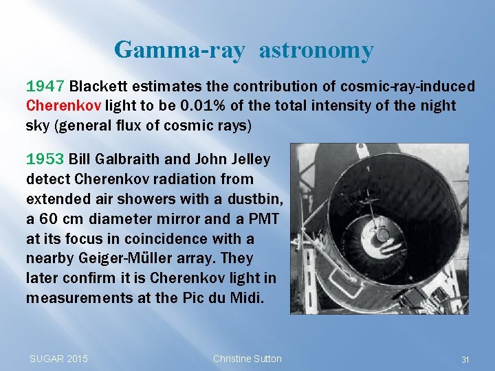 Gamma-ray astronomy 1947 Blackett estimates the contribution of cosmic-ray-induced Cherenkov light to be 0.