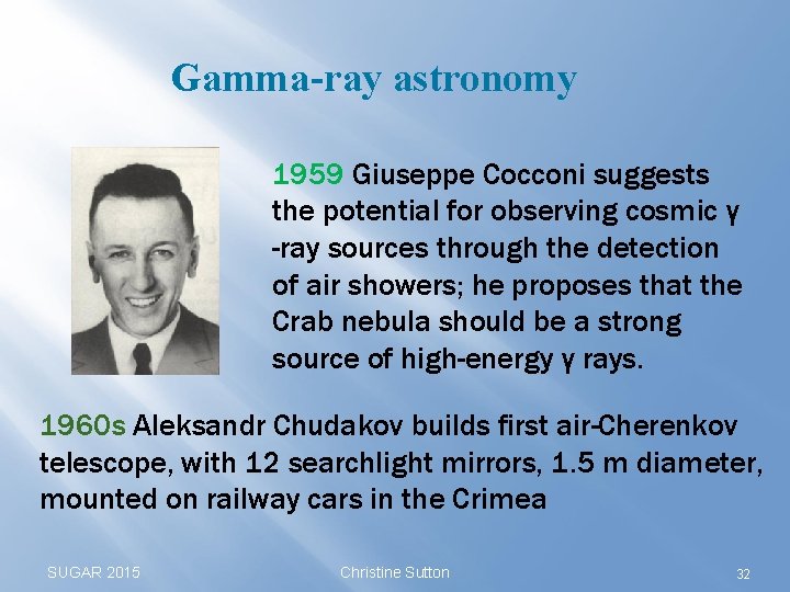 Gamma-ray astronomy 1959 Giuseppe Cocconi suggests the potential for observing cosmic γ -ray sources