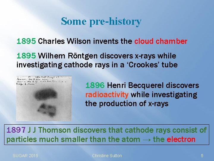 Some pre-history 1895 Charles Wilson invents the cloud chamber 1895 Wilhem Röntgen discovers x-rays