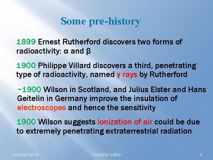 Some pre-history 1899 Ernest Rutherford discovers two forms of radioactivity: α and β 1900