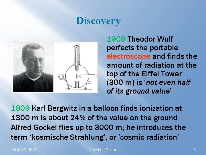 Discovery 1909 Theodor Wulf perfects the portable electroscope and finds the amount of radiation