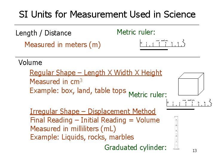 SI Units for Measurement Used in Science Length / Distance Metric ruler: Measured in