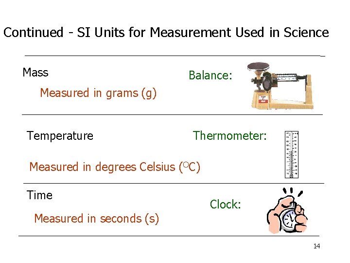 Continued - SI Units for Measurement Used in Science Mass Balance: Measured in grams