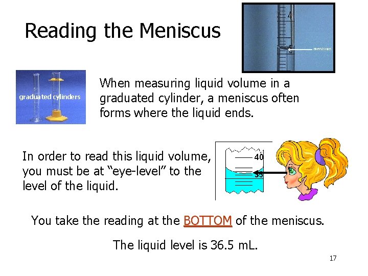 Reading the Meniscus graduated cylinders When measuring liquid volume in a graduated cylinder, a