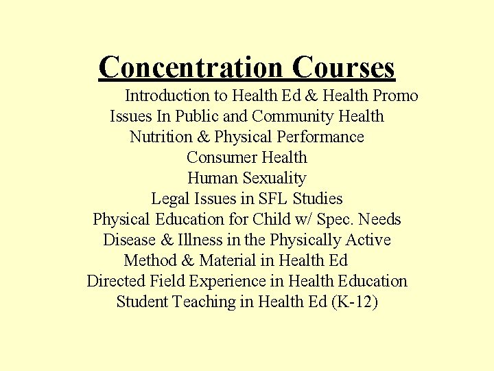 Concentration Courses Introduction to Health Ed & Health Promo Issues In Public and Community