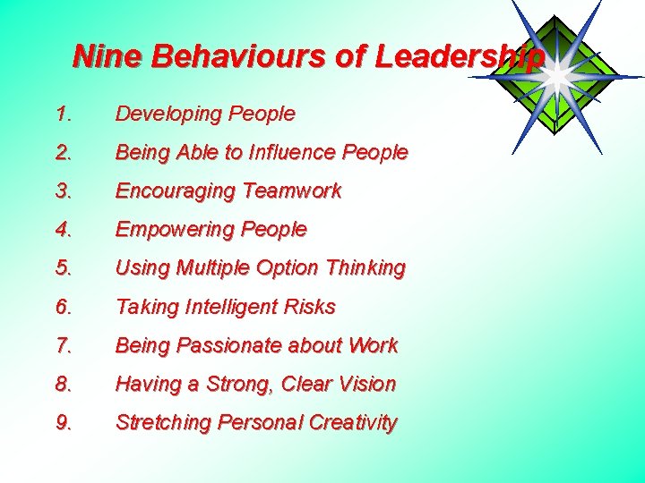 Nine Behaviours of Leadership 1. Developing People 2. Being Able to Influence People 3.