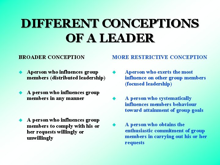 DIFFERENT CONCEPTIONS OF A LEADER BROADER CONCEPTION u Aperson who influences group members (distributed