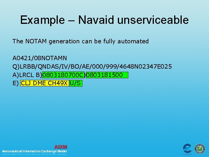 Example – Navaid unserviceable The NOTAM generation can be fully automated A 0421/08 NOTAMN
