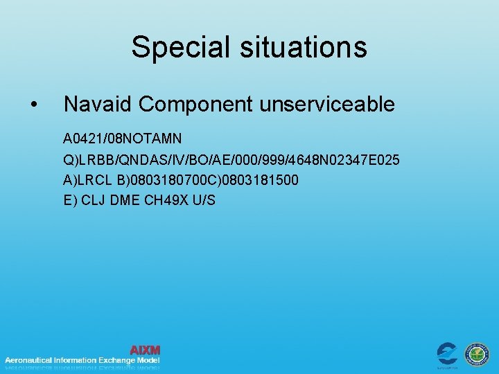 Special situations • Navaid Component unserviceable A 0421/08 NOTAMN Q)LRBB/QNDAS/IV/BO/AE/000/999/4648 N 02347 E 025