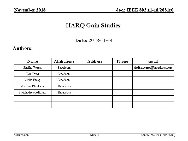 November 2018 doc. : IEEE 802. 11 -18/2031 r 0 HARQ Gain Studies Date: