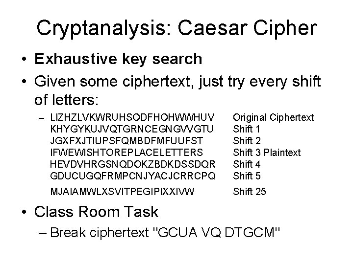 Cryptanalysis: Caesar Cipher • Exhaustive key search • Given some ciphertext, just try every