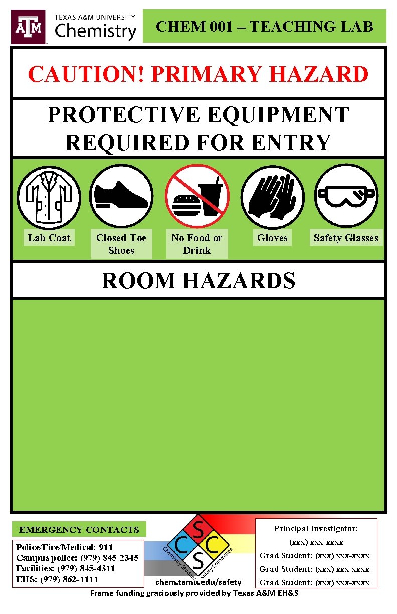 CHEM 001 – TEACHING LAB CAUTION! PRIMARY HAZARD PROTECTIVE EQUIPMENT REQUIRED FOR ENTRY Lab