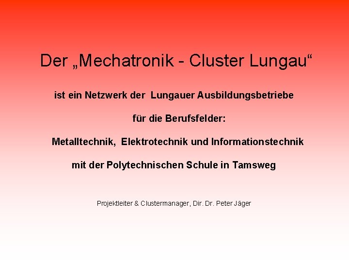 Der „Mechatronik - Cluster Lungau“ ist ein Netzwerk der Lungauer Ausbildungsbetriebe für die Berufsfelder: