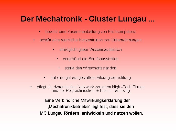 Der Mechatronik - Cluster Lungau. . . • • bewirkt eine Zusammenballung von Fachkompetenz