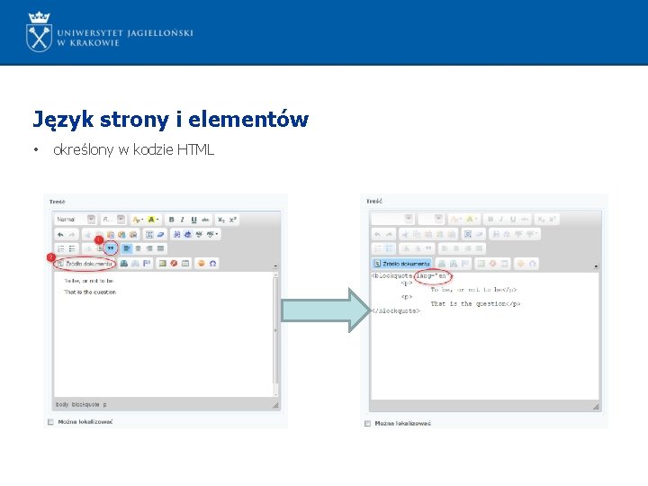 Język strony i elementów • określony w kodzie HTML 