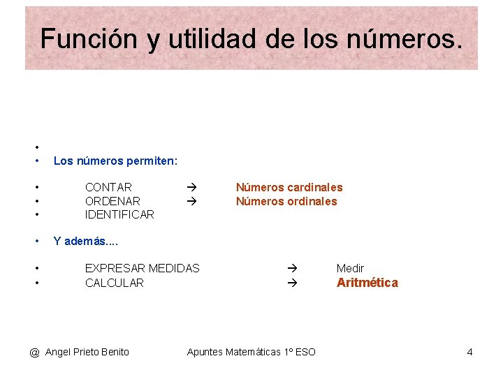 Función y utilidad de los números. • • Los números permiten: CONTAR ORDENAR IDENTIFICAR