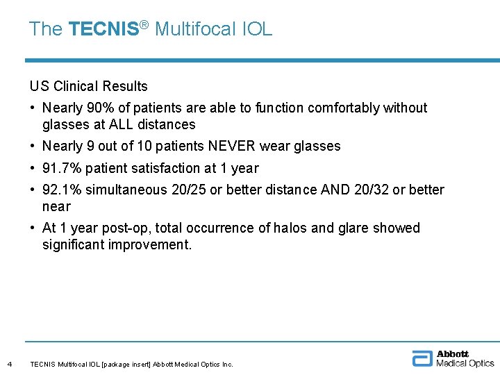 The TECNIS® Multifocal IOL US Clinical Results • Nearly 90% of patients are able