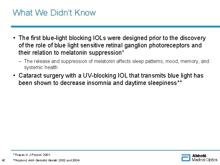 What We Didn’t Know • The first blue-light blocking IOLs were designed prior to