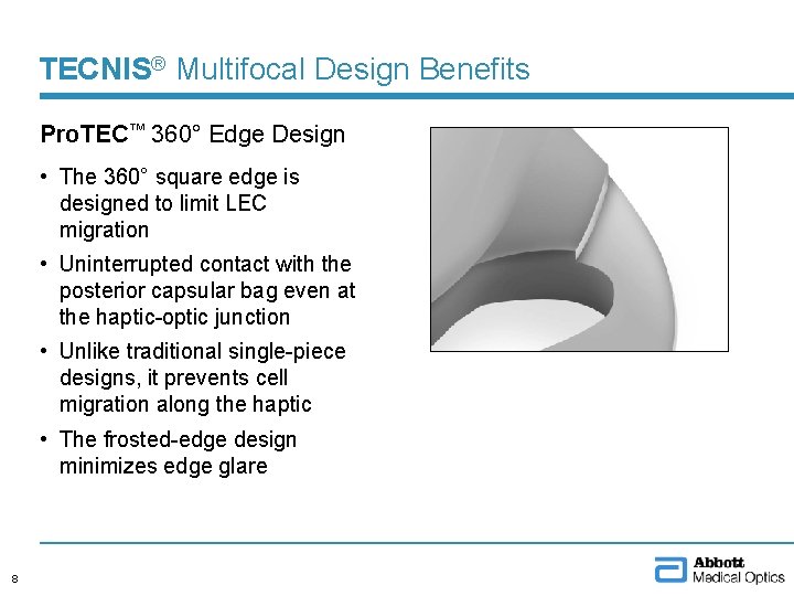 TECNIS® Multifocal Design Benefits Pro. TEC™ 360° Edge Design • The 360° square edge