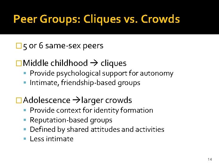 Peer Groups: Cliques vs. Crowds � 5 or 6 same-sex peers �Middle childhood cliques