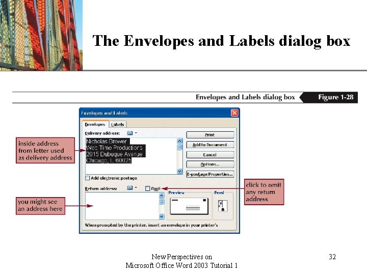 XP The Envelopes and Labels dialog box New Perspectives on Microsoft Office Word 2003