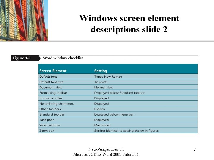 Windows screen element descriptions slide 2 New Perspectives on Microsoft Office Word 2003 Tutorial