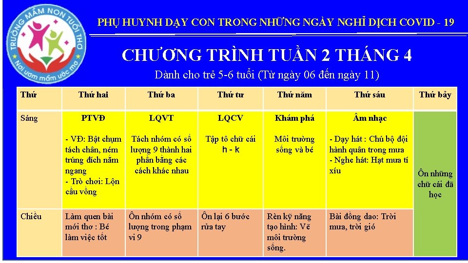 PHỤ HUYNH DẠY CON TRONG NHỮNG NGÀY NGHỈ DỊCH COVID - 19 CHƯƠNG TRÌNH