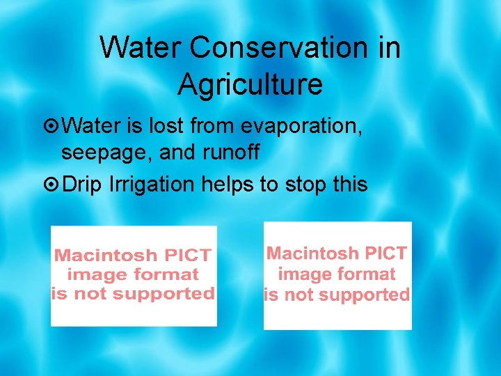 Water Conservation in Agriculture Water is lost from evaporation, seepage, and runoff Drip Irrigation