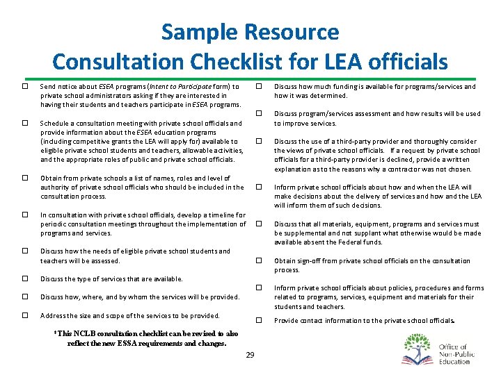 Sample Resource Consultation Checklist for LEA officials Send notice about ESEA programs (Intent to