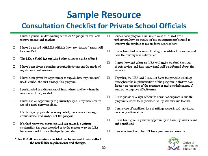 Sample Resource Consultation Checklist for Private School Officials I have a general understanding of