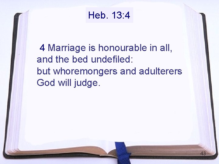 Heb. 13: 4 4 Marriage is honourable in all, and the bed undefiled: but Heb. 13: 4 4 Marriage is honourable in all, and the bed undefiled: but
