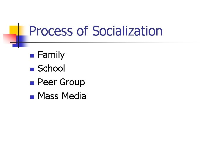 Process of Socialization n n Family School Peer Group Mass Media 