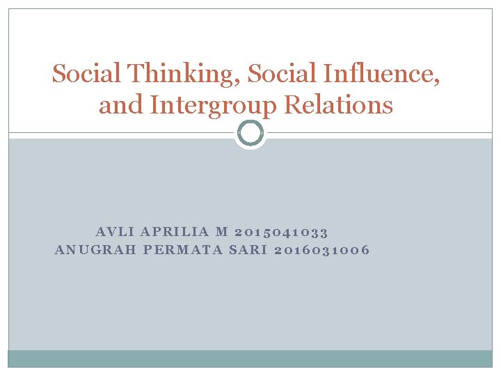 Social Thinking, Social Influence, and Intergroup Relations AVLI APRILIA M 2015041033 ANUGRAH PERMATA SARI