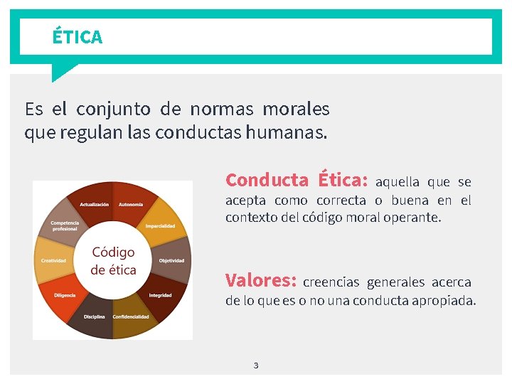 ÉTICA Es el conjunto de normas morales que regulan las conductas humanas. Conducta Ética: