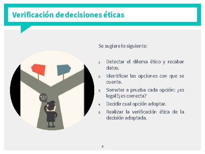 Verificación de decisiones éticas Se sugiere lo siguiente: Detectar el dilema ético y recabar