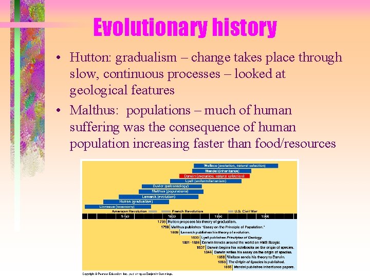 Evolutionary history • Hutton: gradualism – change takes place through slow, continuous processes –