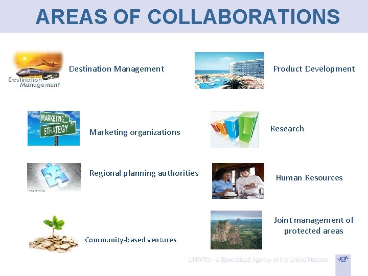 AREAS OF COLLABORATIONS Destination Management Marketing organizations Regional planning authorities Community-based ventures Product Development