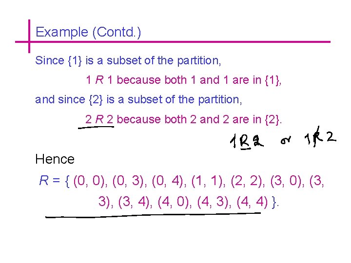 Example (Contd. ) Since {1} is a subset of the partition, 1 R 1