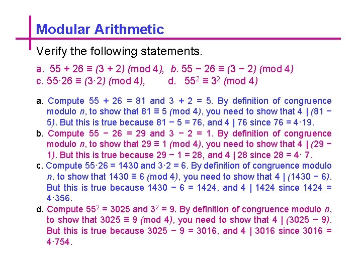 Modular Arithmetic Verify the following statements. a. 55 + 26 ≡ (3 + 2)