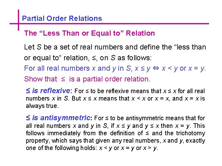 Partial Order Relations The “Less Than or Equal to” Relation Let S be a