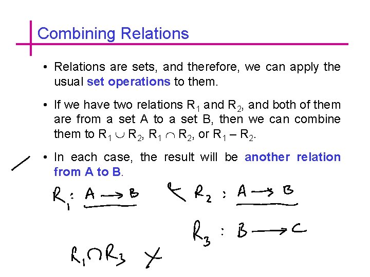 Combining Relations • Relations are sets, and therefore, we can apply the usual set