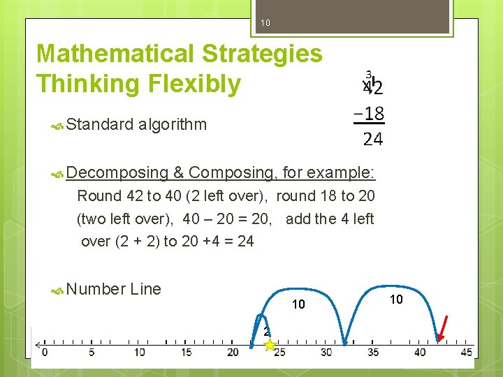 10 Mathematical Strategies Thinking Flexibly Standard algorithm Decomposing & Composing, for example: Round 42
